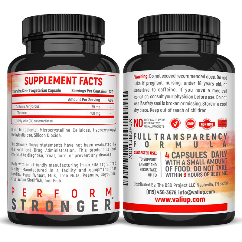VALI Caffeine 50mg & L Theanine 100mg - Caffeine Pills & L-Theanine for Smart Smooth Energy & Focus Supplement. Nootropic Brain Booster Cognitive Support Stack & Focused Clarity. 120 Veggie Capsules - BeesActive Australia