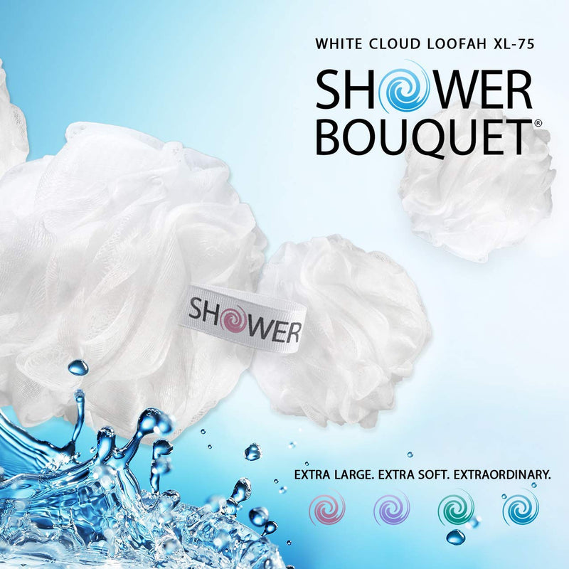 Loofah Soft-White-Cloud Bath-Sponge XL-75g-Set by Shower Bouquet: 4 Pack, Extra Large Mesh Pouf for Men and Women - Exfoliate with Big Gentle Cleanse Scrubber in Beauty Bathing Accessories Bright White, Color-coded Ribbons - BeesActive Australia