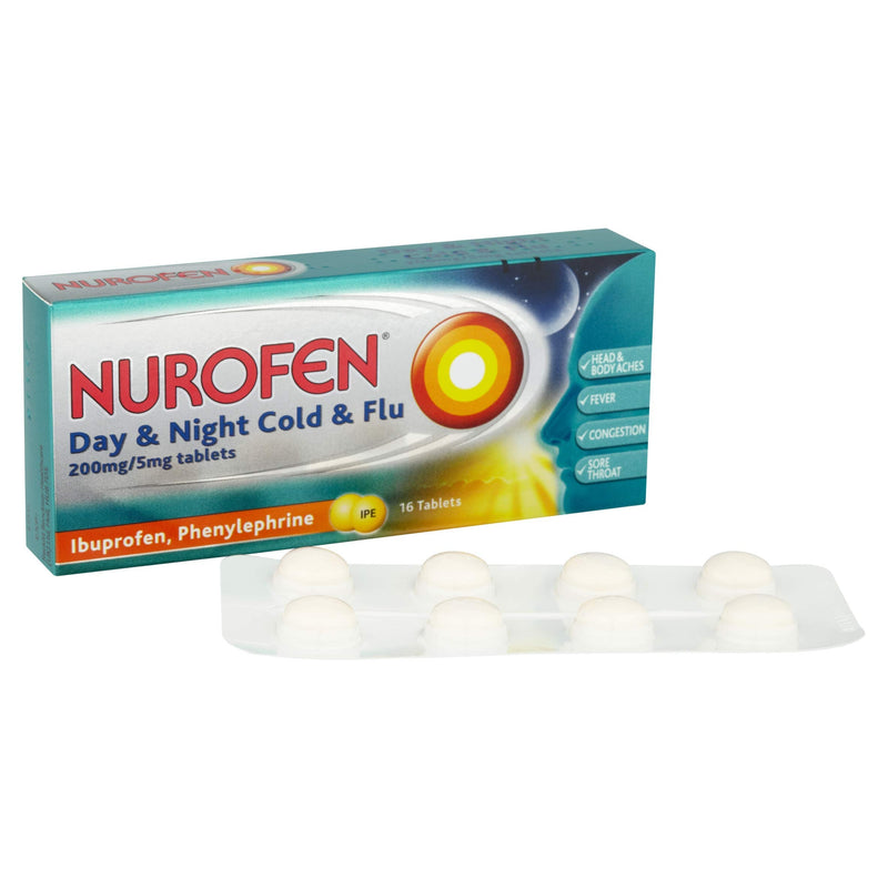 Nurofen Day and Night Cold and Flu Relief 200mg/5mg Tablets Ibuprofen, Pack Of 16 - BeesActive Australia