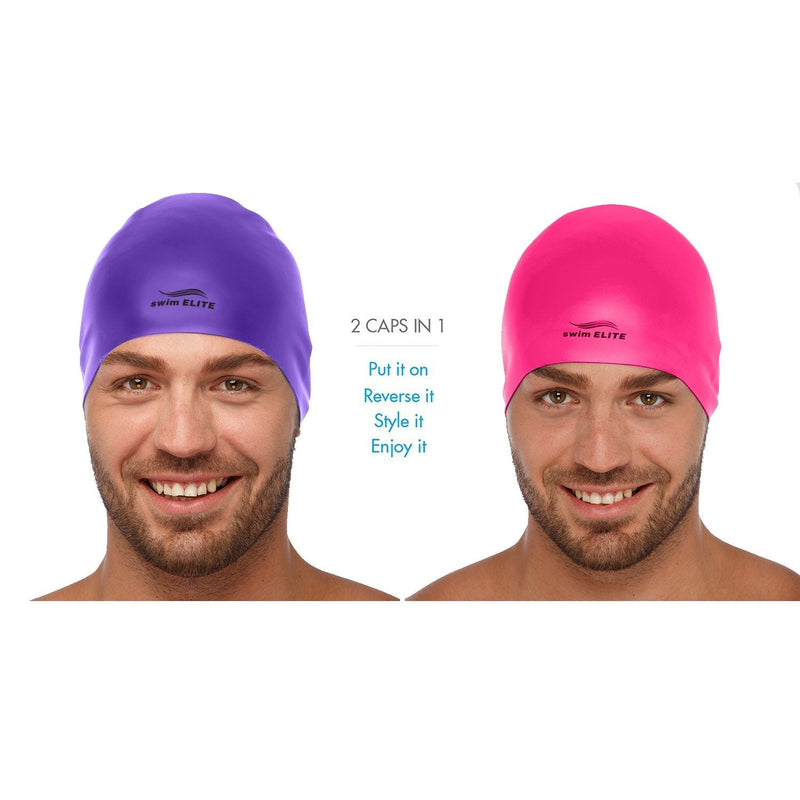 Reversible Silicone Swim Cap, Waterproof 2-in-1 Swimming Caps for Men and Women with Carry Bag, Flexible Adult Swimmers Cap for Short and Medium Length Hair Pink/Purple - BeesActive Australia