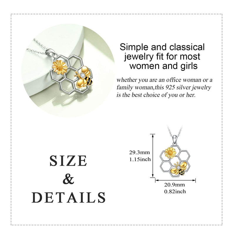 LUHE Bee Necklace 925 Sterling Silver honeycomb Cute Flower Pendant Necklaces for Women Christmas Gifts for Her - BeesActive Australia
