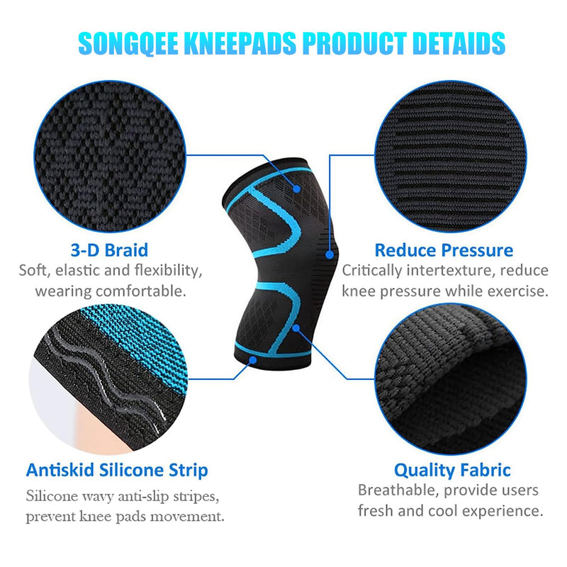 SONGQEE Knee Brace Support 2 Pack, Compression Knee Sleeves for Men Women, Professional Elastic Knee Pads for Joint Pain Relief, Arthritis, Injury Rehabilitation, Weight Lifting, Running, Sports M Blue - BeesActive Australia