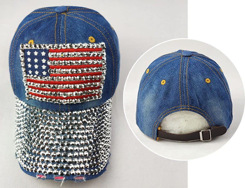 Kangqifen Unisex Rhinestone US Flag Distressed Washed Denim Baseball Cap Shiny Bling Frayed Brim Hat Blue - BeesActive Australia