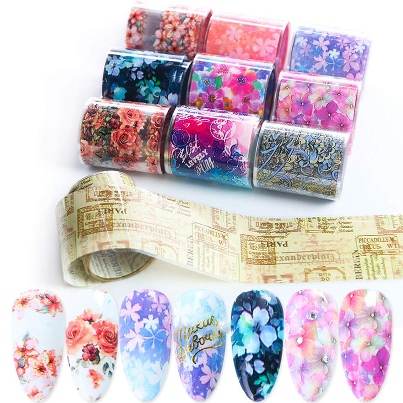 Nail Foil Transfer Stickers Nail Art Supplies 10 Rolls Flowers Nail Foils Transfer Retro Bloom Floral Starry Sky Nail Decals Manicure Tips Wraps for Women Fingernails Toenails Decorations - BeesActive Australia