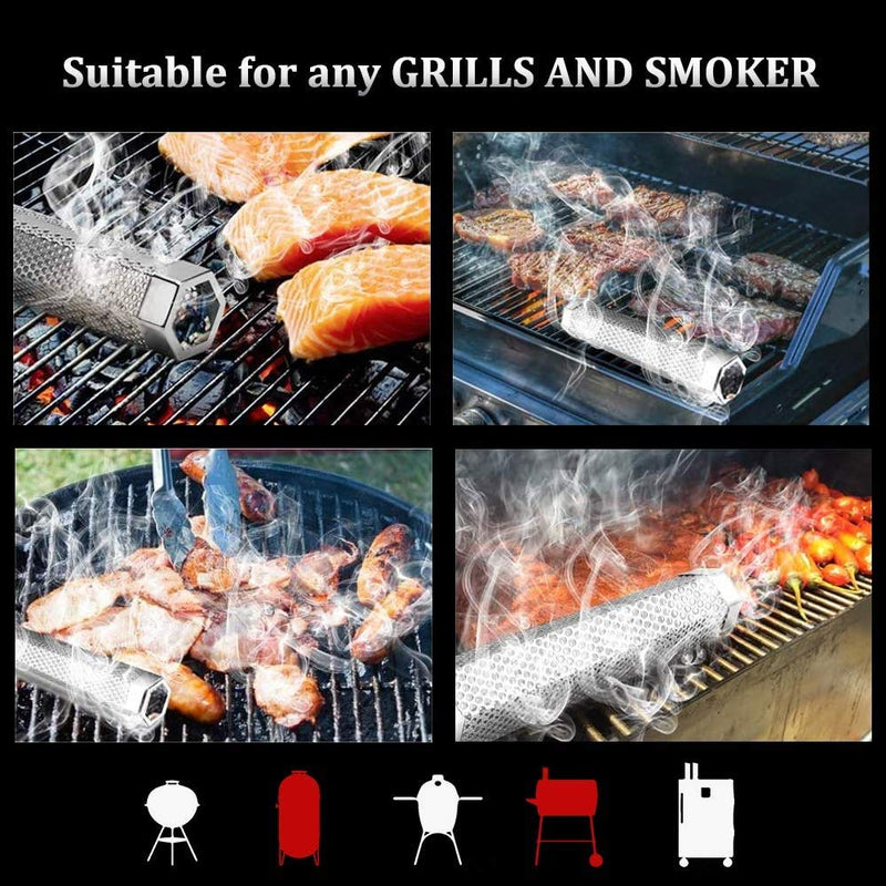 Pellet Smoker Tube 12'' Portable Perforated Stainless Steel BBQ Smoke Generator for Hot/Cold Smoking，Accessories -2 S Shape Hooks,1 Silicone Brush，1 Cleaning Brush - BeesActive Australia