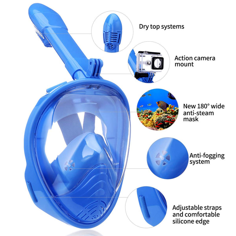 [AUSTRALIA] - QingSong Full Face Snorkel Mask Kids, Snorkeling Mask with Detachable Camera Mount, 180 Panoramic Upgraded Dive Mask with Newest Breathing System, Dry Top Set Anti-Fog Anti-Leak 1Blue X-Small 
