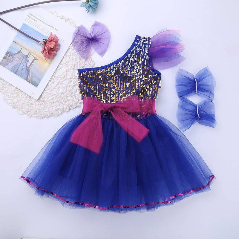 [AUSTRALIA] - JEATHA Kids Girls Shiny Sequins One Shoulder Ballet Modern Dance Jazz Dress Tulle Belt with Hairclip Wristband Set Blue 7-8 