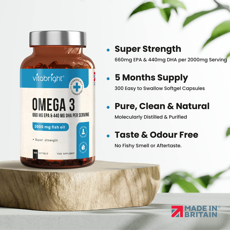 Omega 3 Pure Fish Oil 2000mg - 300 Softgel Capsules (5 Months Supply) - 660mg EPA & 440mg DHA per Serving - Supports Brain, Heart Function and Eye Health - Made in The UK by VitaBright - BeesActive Australia