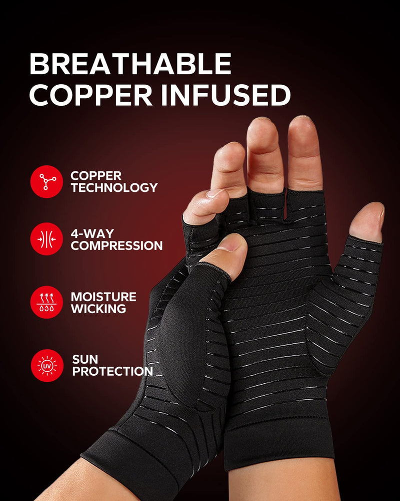 BraceBull Arthritis Gloves (2 Count), Copper Infused Fingerless Compression Gloves for Hand Pain, Carpal Tunnel, RSI, Rheumatoid, Tendonitis, and Relieve Muscle Pain for Women & Men (M, Black) Medium - BeesActive Australia