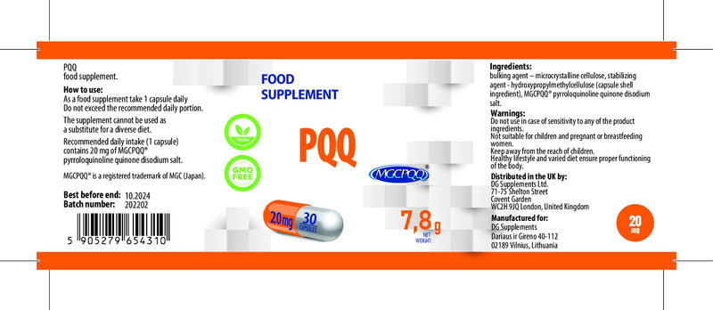 Hepatica PQQ 20mg 30 Vegan Capsules, Pyrroloquinoline Quinone, 3rd Party lab Tested, High Strength Supplement, Gluten and GMO Free - BeesActive Australia