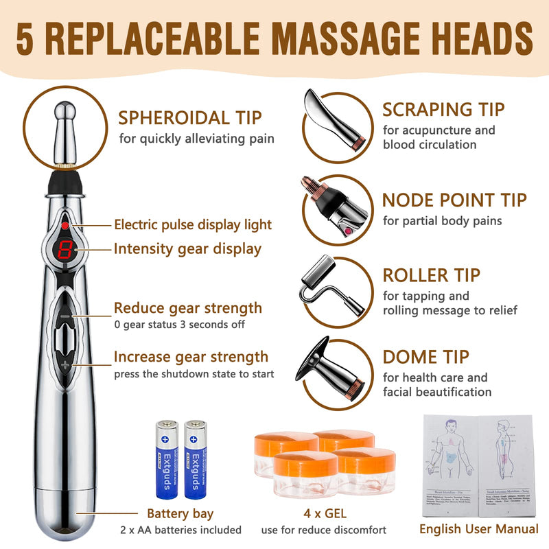 Acupuncture Super Set:5-Head Electronic Acupuncture Pen +Gua Sha Tool +600 Ear Seeds +Retractable Acupuncture Pen+4 x Extra Massaging Gel+Tweezers+Chart+Batteries (Acupuncture Set) Acupuncture Set(with Chart) - BeesActive Australia