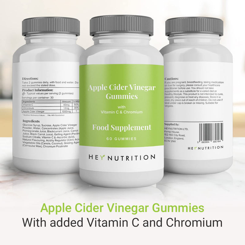 Hey Nutrition Apple Cider Vinegar Gummies Supplement - Vitamin C & Chromium - Supports Skin Health, Metabolic Function & Immune Health - No Artificial Flavours, Non-GMO & Dairy-Free - 60 Vegan Gummies - BeesActive Australia