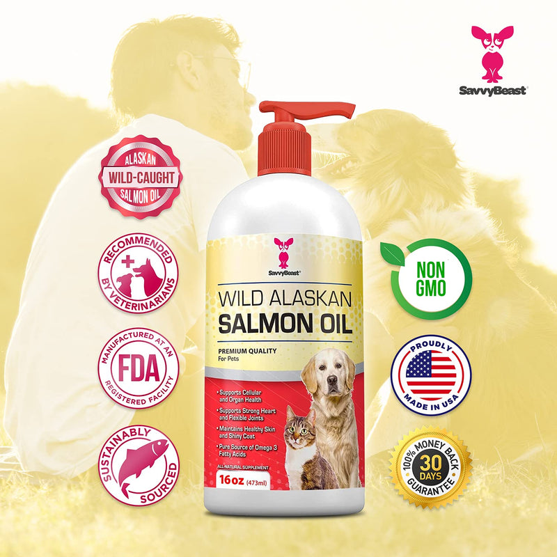 Savvybeast Wild Alaskan Salmon Oil for Dogs, Cats & Ferrets - Joint Support, Immune & Heart Health Liquid Food Supplement - Pure EPA DHA Omega 3 Fatty Acid Supplements Fish Oil for Pets - 16 & 32oz 16oz - BeesActive Australia