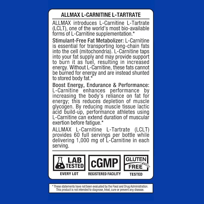 AllMax Nutrition - Large Carnitine + Tartaric Acid - 120 Vegan Cap - BeesActive Australia