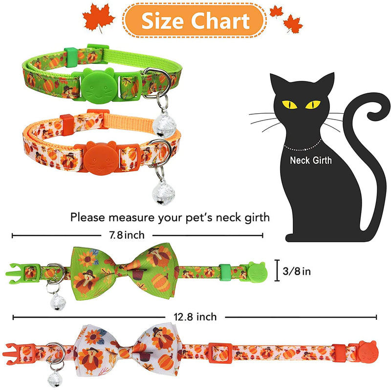 Pohshido 2 Pack Thanksgiving Cat Collar with Removable Bow Tie and Bell, Holiday Safety Breakaway Kitty Kitten Collar with Turkey and Pumpkin Spice Pattern(Adjustable Size from 7.8-12.8 inch) Pattern C - BeesActive Australia