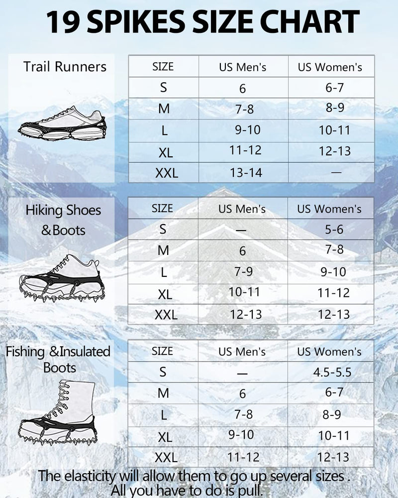 Uelfbaby Crampons Upgraded 19 Spikes Ice Snow Grips Traction Cleats System Safe Protect for Walking, Jogging, or Hiking on Snow and Ice (Fit S/M/L/XL/XXL Shoes/Boots) black Medium - BeesActive Australia
