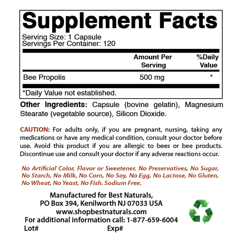 Best Naturals Bee Propolis 500 mg 120 Capsules (120 Count (Pack of 1)) 120 Count (Pack of 1) - BeesActive Australia