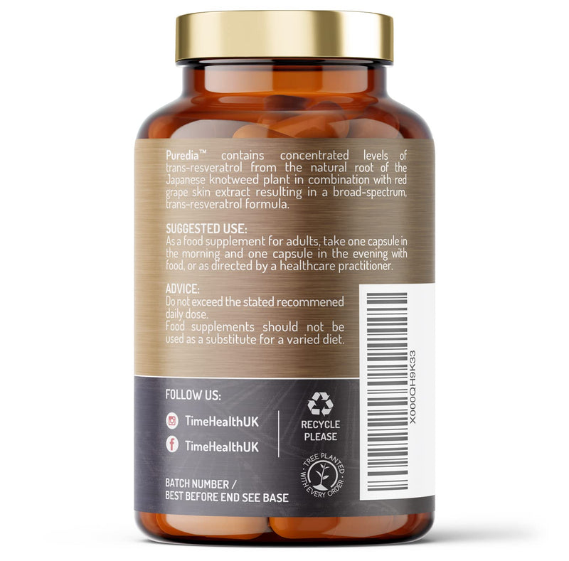 Trans Resveratrol - Premium Brand Puredia - 180 Capsules - 3 Month Supply - Effective Split Dose for Maximum Benefits from Trans-Resveratrol - UK Manufactured - Zero Additives (180 Count (Pack of 1)) 180 Count (Pack of 1) - BeesActive Australia