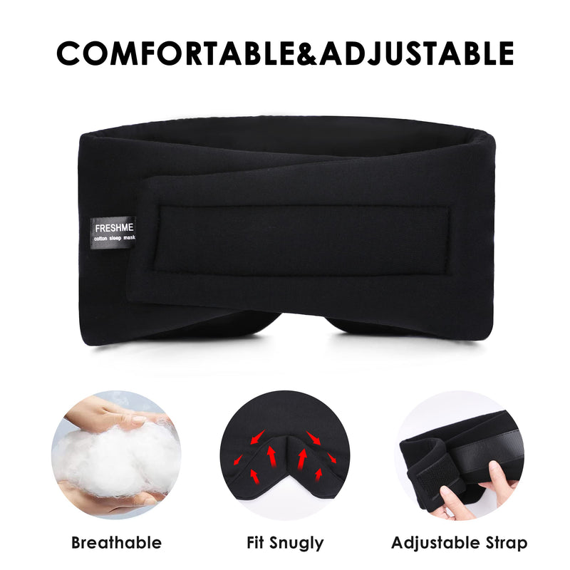 FRESHME Sleep Mask Blackout - Handmade Cotton Sleep Mask for Women Men Eye Mask for Sleeping Black Soft Eye Cover for Sleeping with Adjustable Veclro Breathable Eye Blindfold for Night Nap Travel - BeesActive Australia