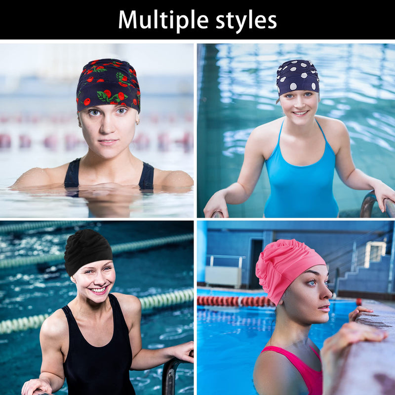 WooWill Swim Caps for Women Swimming, Colorful Printed Swimming Cap for Women Large Lycra Nylon Cloth Swim Cap 14 Style Pleated Elastic Bathing Cap for Long Hair & Thick Curly Hair 12 Bright Black - BeesActive Australia
