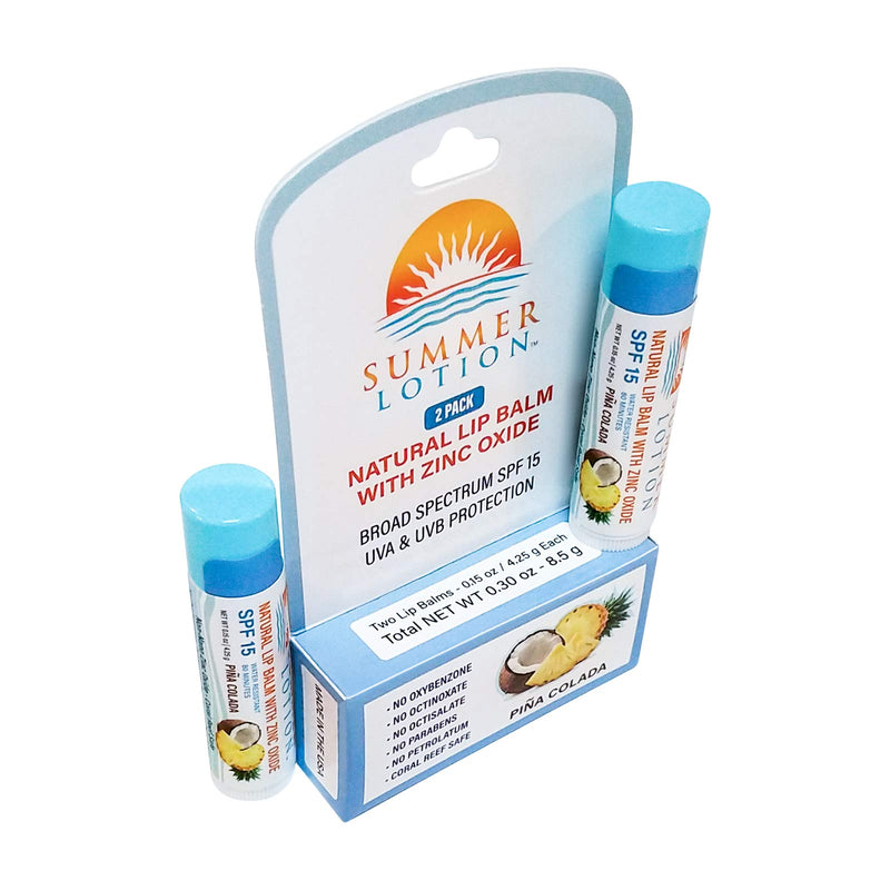 Natural Lip Balm with Zinc Oxide Sunblock by Summer Lotion, SPF 15 Lip Sunscreen 2-Pack, Water Resistant Chapstick, SPF Lip Protection for Everyone, (Pina Colada) Pina Colada - BeesActive Australia