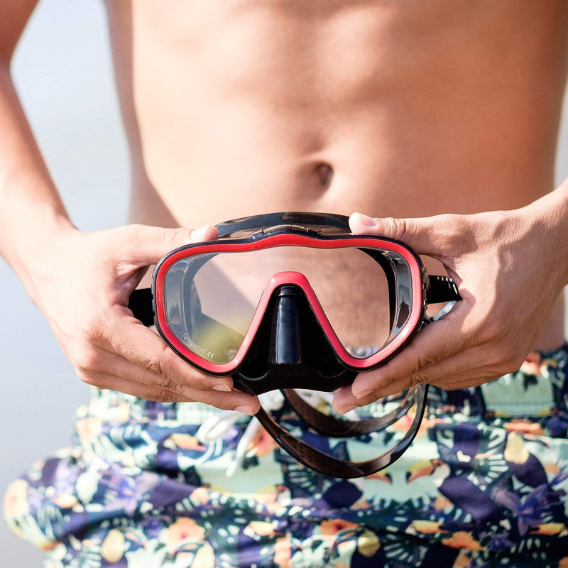 [AUSTRALIA] - Kraken Aquatics Snorkel Dive Mask with Silicone Skirt and Strap for Scuba Diving, Snorkeling and Freediving Black / Red 