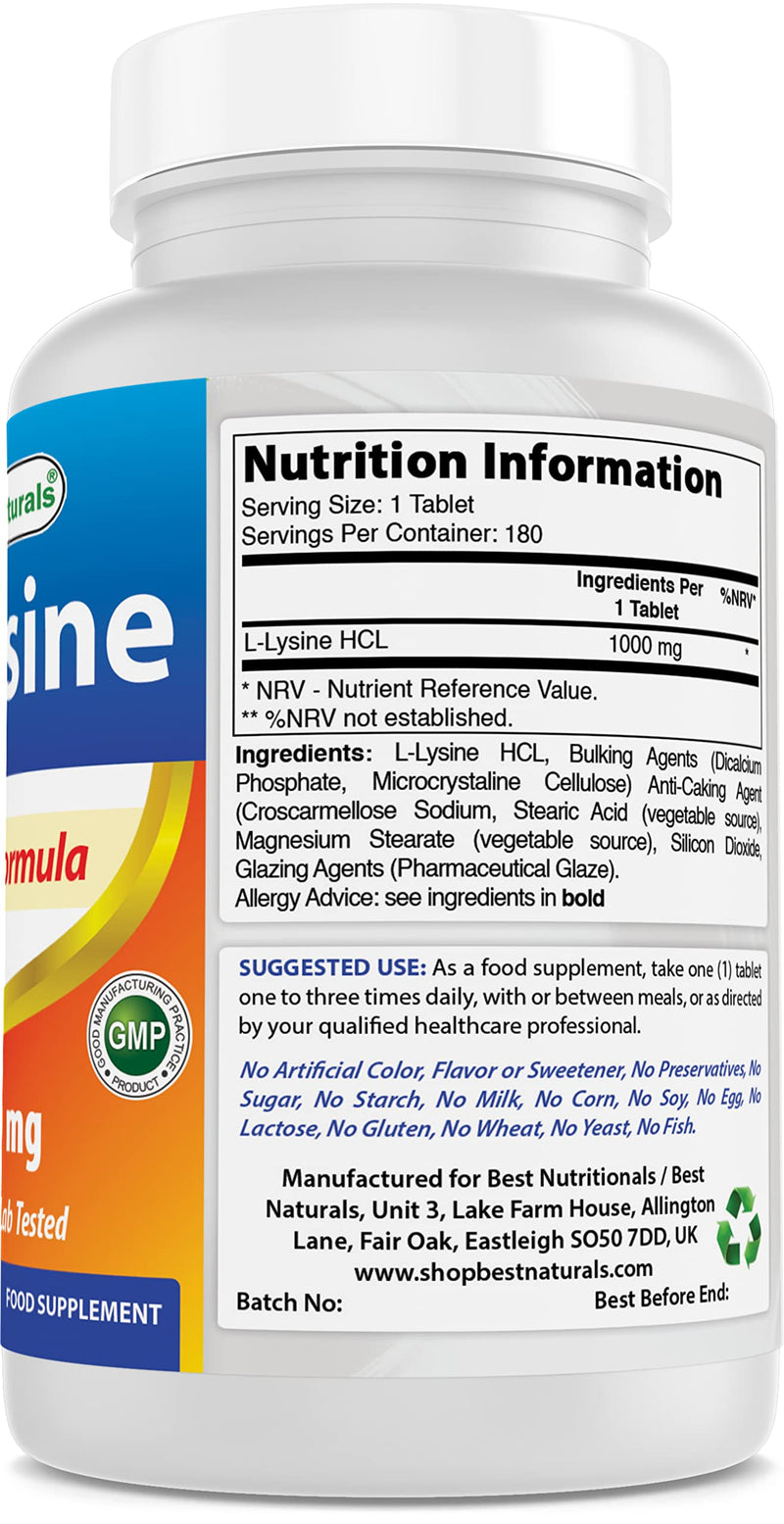 Best Naturals L-Lysine 1000 mg 180 Tablets (180 Count (Pack of 2)) 180 Count (Pack of 2) - BeesActive Australia
