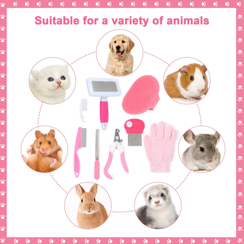 VCZONE 8 Pcs Small Animal Pink Grooming Kit, Rabbit Grooming Kit with Pet Nail Clipper and File, Flea Comb, Pet Shampoo Bath Brush , Pet Shedding Slicker Brush, Bath Massage Glove, Small Cleaning Comb - BeesActive Australia