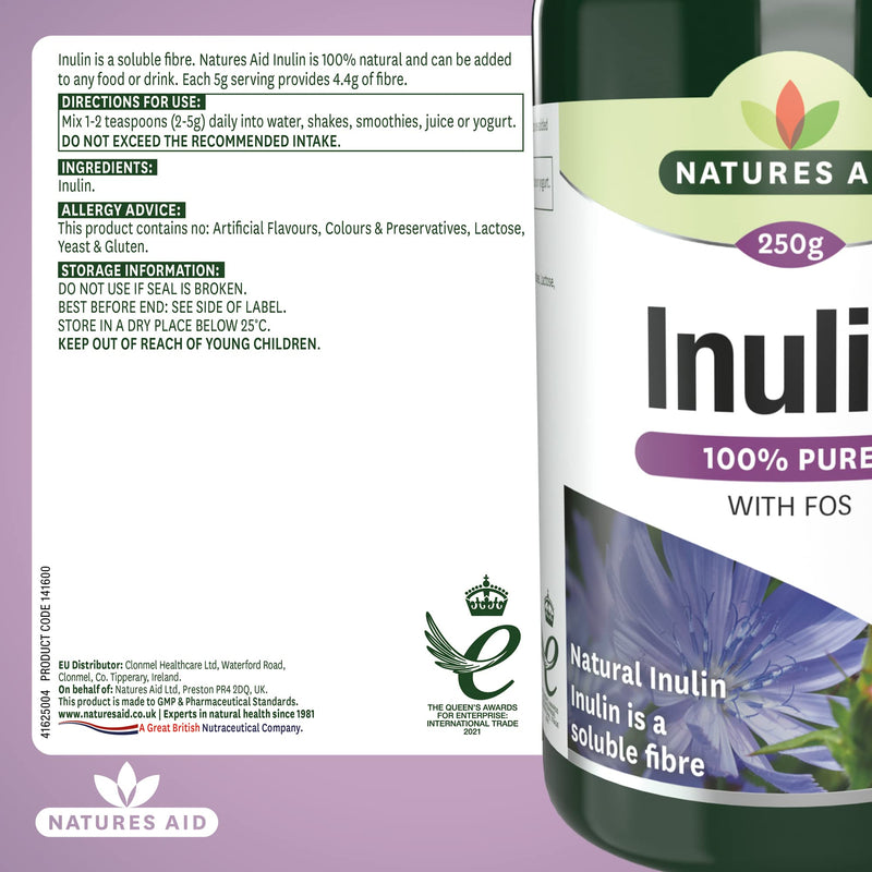 Natures Aid Inulin Powder, 250 g (from Chicory Root, 100% Natural with FOS, High Fibre, Low Calorie, Prebiotic, Vegan Society Approved, Made in the UK) - BeesActive Australia
