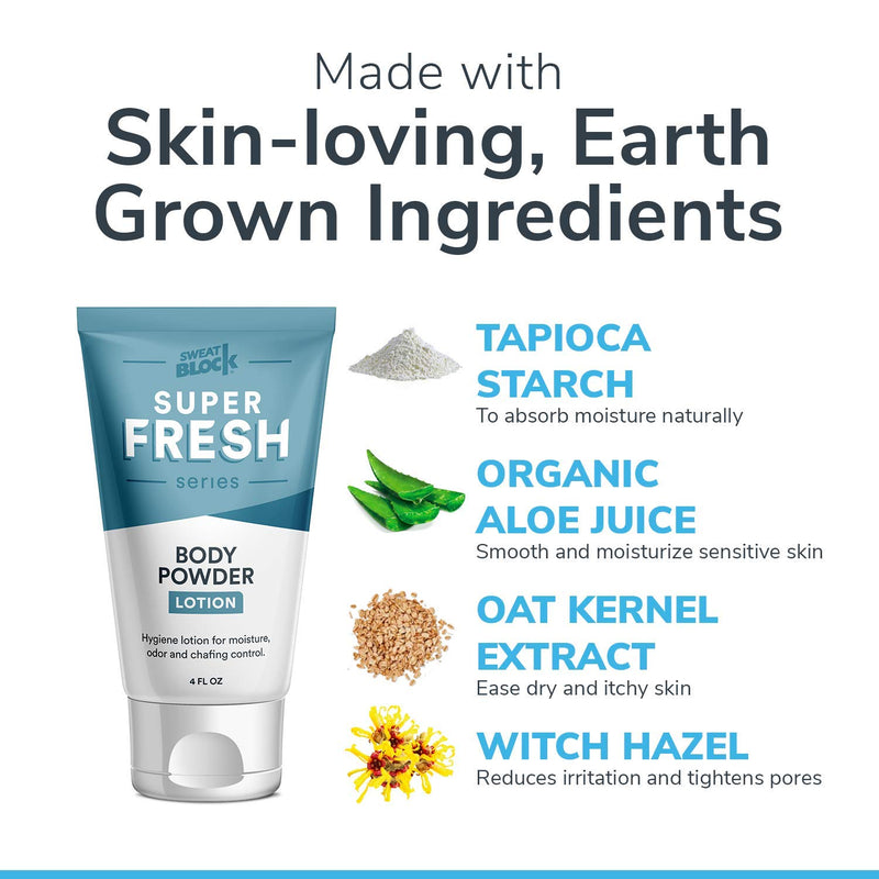 Super Fresh Body Powder Lotion by SweatBlock - Talc Free, Anti-Chafing, Deodorizing, Natural Ingredients - No Mess Body Powder Lotion for Men and Women - 4 fl oz. 4 Fl Oz (Pack of 1) - BeesActive Australia