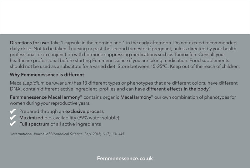 Natural Health International Femmenessence MacaHarmony - All Natural Gelatinized Maca Supplement to Support Women's Hormone Balance, PMS, Acne & Healthy Skin, Regular Menstrual Cycle & Fertility 120 - BeesActive Australia