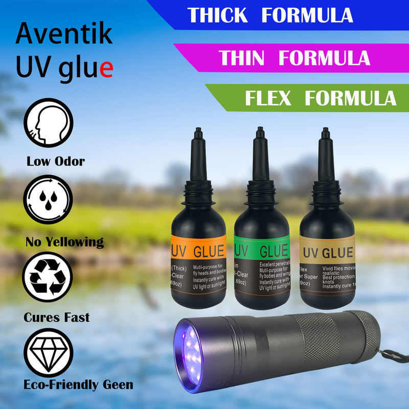 Riverruns UV Clear Glue Three Formula Thick,Thin and Super Flew +12 LED UV Power Light Fly Tying for Building Flies Flies Heads Bodies and Wings Tack Free UV glue combo - BeesActive Australia