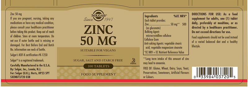 Solgar Zinc 50 mg Tablets - Pack of 100 - Supports a Healthy Immune System - Potent Antioxidant - Free from Sugar, Salt and Starch - Vegan - BeesActive Australia