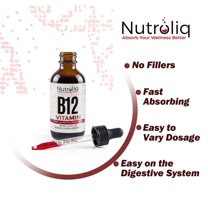 Nutroliq Vitamin B12 Liquid Drops - High-Strength 5000mcg Methylcobalamin Supplement - Energy Booster, Immune System Support, Better Concentration and Metabolism - Vegan & Vegetarian Formula - 60ml - BeesActive Australia
