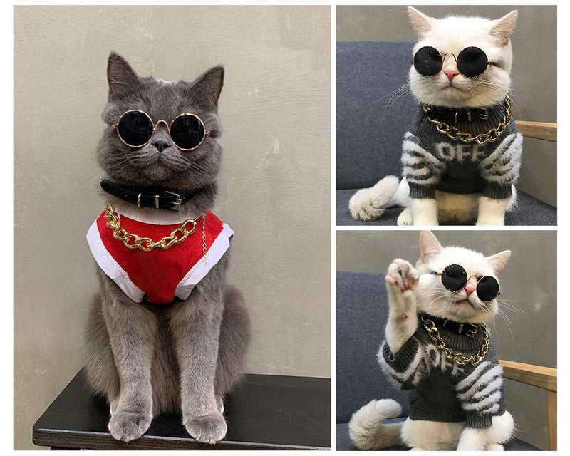 DS. DISTINCTIVE STYLE Retro Round Sunglasses with Golden Plastic Chain for Pet Cats and Small Dogs Cool and Funny Spectacles Pets Photo Props for Taking Pictures - BeesActive Australia