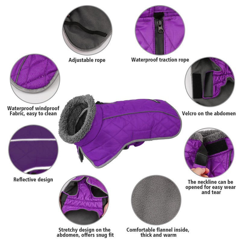 Fragralley Dog Winter Coat Jacket - Reflective Adjustable Windproof Dog Turtleneck Clothes, Doggie Cold Weather Vest, Warm Fleece Lining Puppy Snow Coat for Small Medium Large Dogs Purple - BeesActive Australia