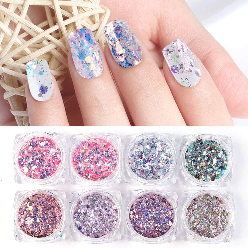 8 Boxes Nail Glitter Sequins Set Holographic Nail Glitter Mermaid Powder Flakes Shiny Charms Hexagon Nail Art DIY Sparkly Nail Acrylic Nails Tools Tips Decoration designs women Manicure accessories - BeesActive Australia