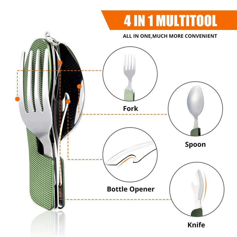 Hikenture Camping Utensils with Case 4-in-1 Stainless Steel Fork Knife Spoon Bottle Opener Set Travel Eating Cutlery Scout Hobo Multitool Hiking(Army Green) - BeesActive Australia