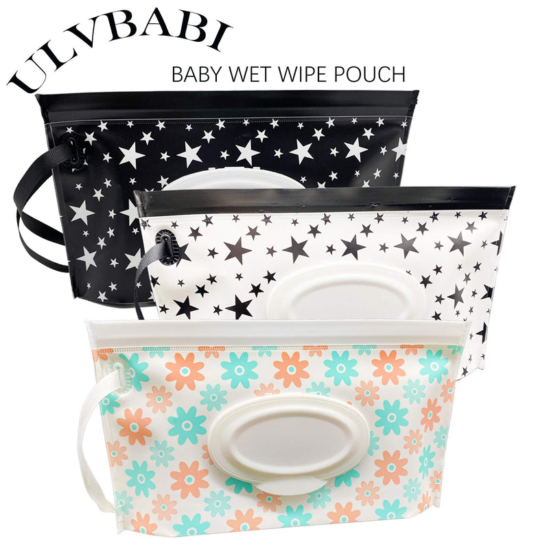 Portable Baby Wet Wipe Pouch Bags, Reusable & Refillable Wipes Dispenser, Eco Friendly & Lightweight Travel Wet Wipe Holder (2 Pack, Black Star) - BeesActive Australia