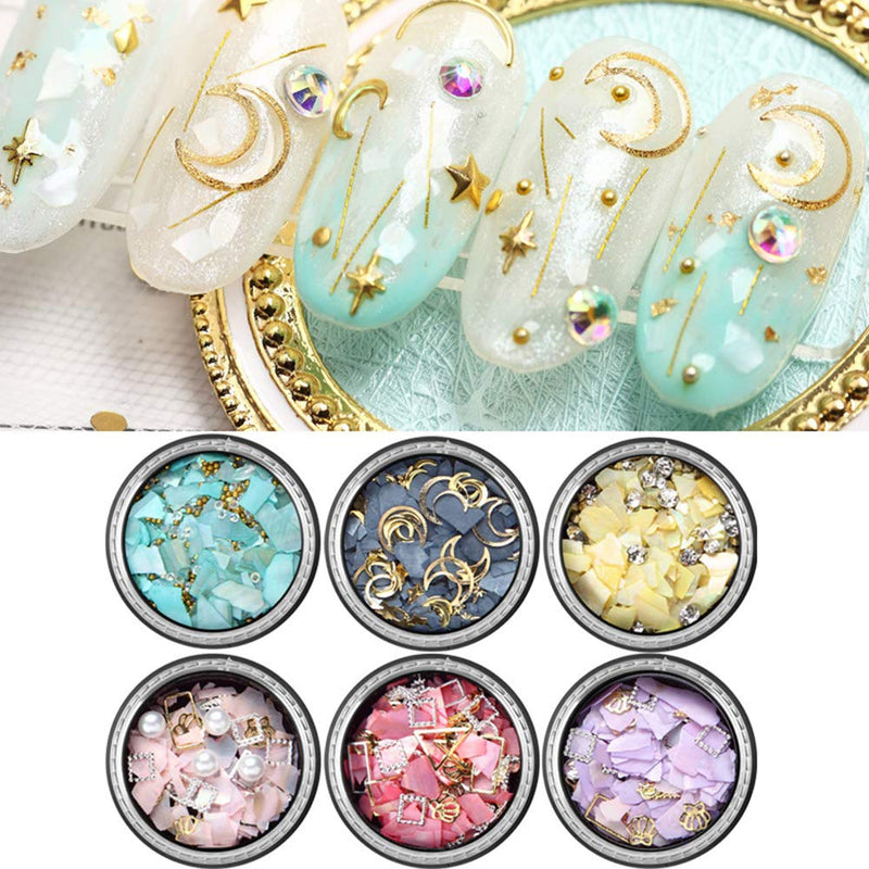 Nail Art Rhinestones 6 Boxes Nail Art Diamonds Mixed Sequins Flatback Diamonds Crystals Beads Gems Leaf Star Moon Shell Charms Accessaries DIY 3D Nail Art Decoration - BeesActive Australia