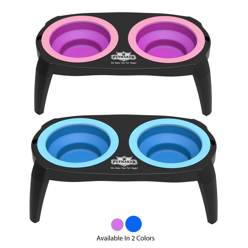 Elevated Pet Bowls Collection with Non Slip Stand for Dogs and Cats-Removeable and Collapsible Silicone Feeder for Food and Water- 16 Oz Each by PETMAKER (Pink) Blue - BeesActive Australia