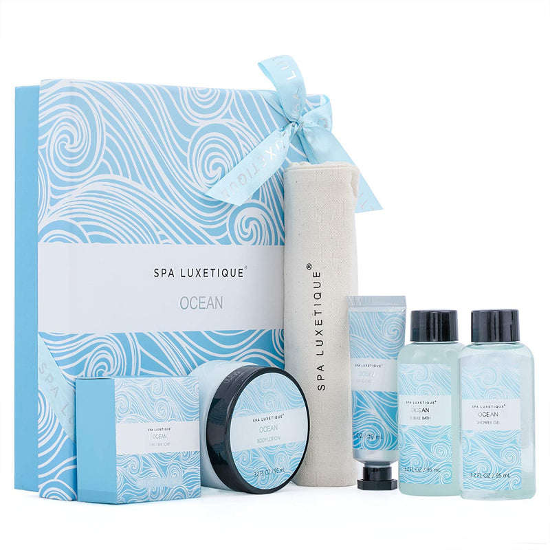 Spa Luxetique Spa Gift Baskets for Women and Men - Relaxing Spa Basket for Men and Women, 6 Piece Ocean Bath and Body Spa Set, Includes Body Lotion, Shower Gel, Bubble Bath, Hand Cream, Travel Bag - BeesActive Australia