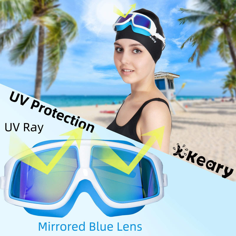 Keary Swimming Goggles Anti-fog Swim goggles for Adults Men Women Youth with Soft Silicone Gasket, UV Protection Pool goggles Mirrored Blue - BeesActive Australia