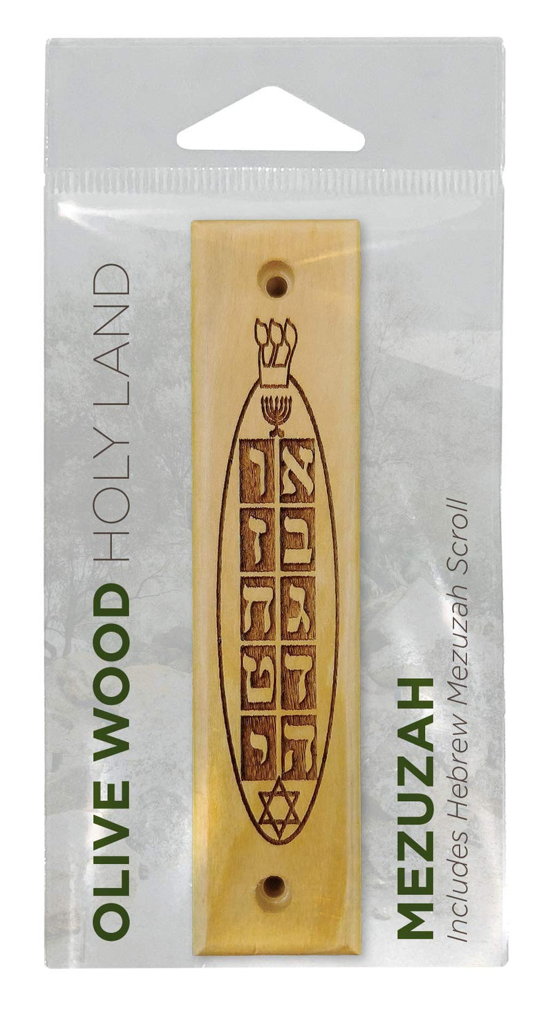 Olive Wood Mezuzah with Scroll, Ten Commandments, Menorah, & Star of David, Made in Israel, Religious Home Décor for Door & Wall, Includes Parchment Prayer Scroll, Jewish & Messianic House Wall Art Ten Commandments, Menorah, and Star of David - BeesActive Australia