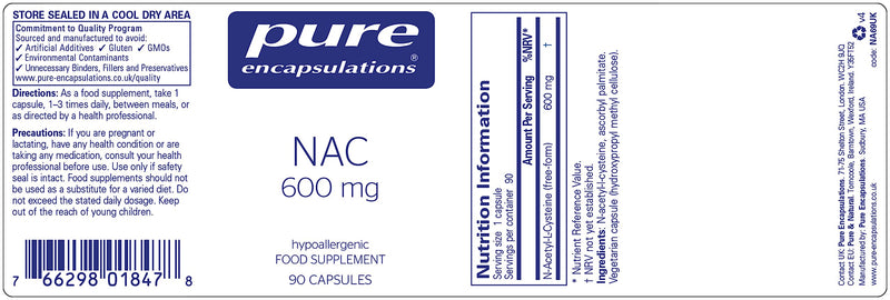 Pure Encapsulations - NAC 600mg - Professional Strength N-Acetyl-L-Cysteine - 90 Capsules - BeesActive Australia