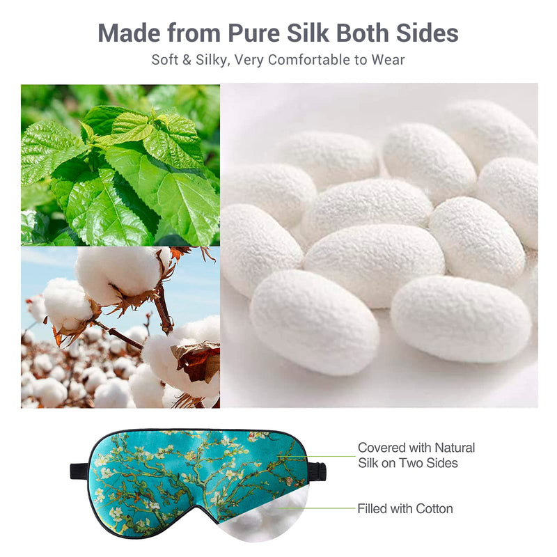 LaCourse 100% Natural Mulberry Silk Eye Mask for Sleeping with 4Pair EarPlugs & Travel Pouch, Both Sides 19 Momme Organic Silk, Adjustable Silk Sleep Eye Mask for Women, Green-Floral Green Floral With 4pair Earplugs - BeesActive Australia