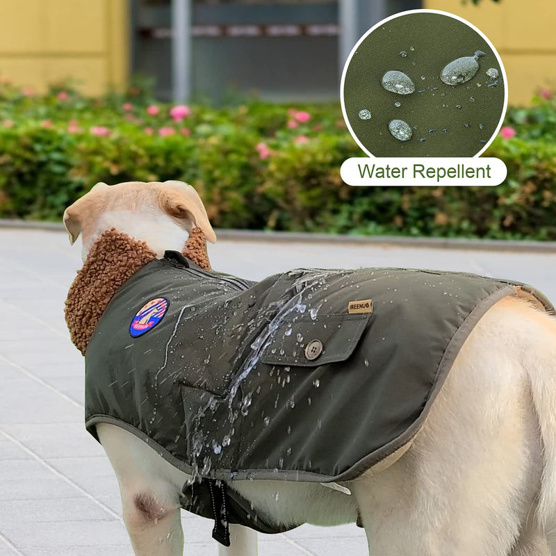 IREENUO Dog Coat, Waterproof Dog Jacket for Medium Large Dogs, Cozy Lining Coat Dog Outdoor Clothes with Furry Collar Warm Dog Bomber Jacket Green L - BeesActive Australia