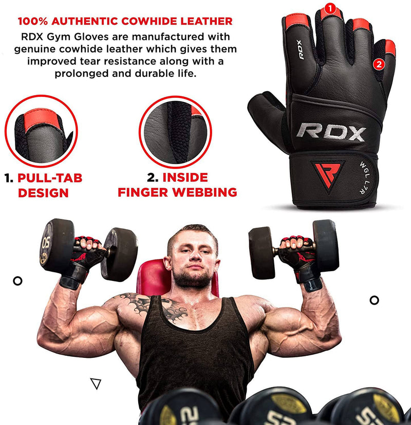 RDX Weight Lifting Gloves Gym Fitness Workout, Cowhide Leather, 50CM Long Wrist Support Grip, Full Palm Protection, Powerlifting Strength Training Deadlifting Bodybuilding Exercise Cycling, Men Women Red Large - BeesActive Australia