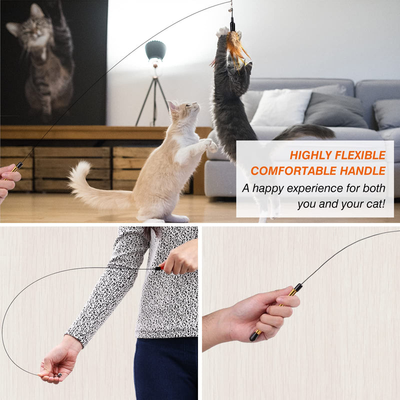 Pawaboo Feather Teaser Cat Toy, Interactive Feather Wand Cat Toy Flying Feather Cat Catcher with Extra Long 34.5" Wand and Small Bell, Fun Exerciser Playing Toy for Kitten or cat Brown - BeesActive Australia