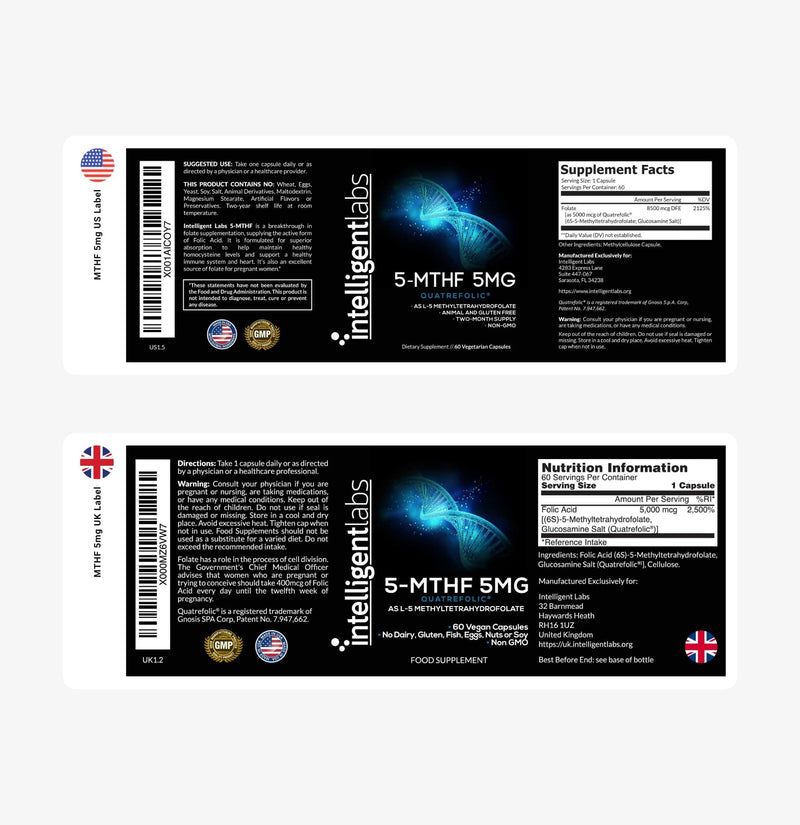 5MG L-5 MTHF by Intelligent Labs, L-5-methyltetrahydrofolate Activated Folic Acid Supplement as Quatrefolic Acid, Activated Folate - BeesActive Australia